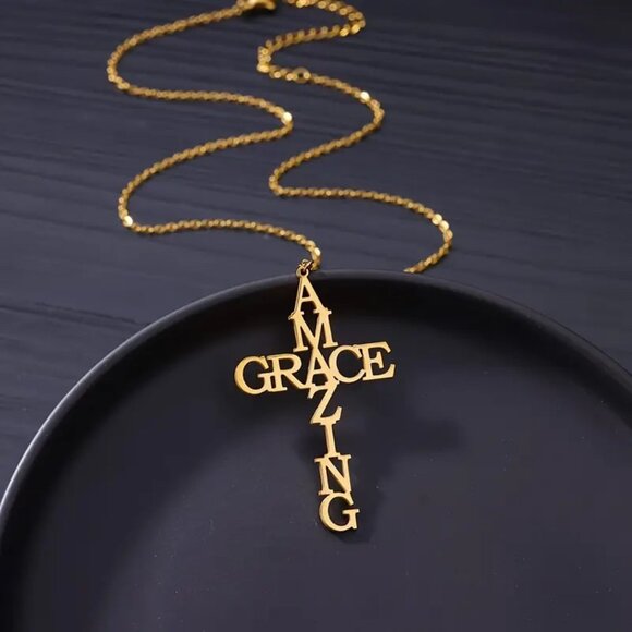Stainless Steel Amazing Grace Cross Necklace - Gold, Christian Faith, Church - Picture 2 of 11